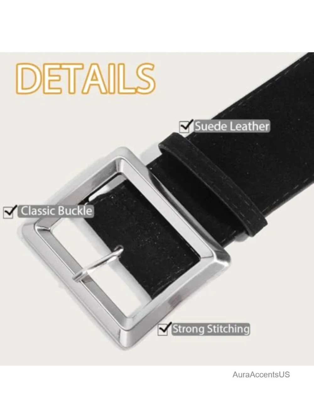 Wide Suede Belt Chunky Square Silver Buckle Faux Leather Waist Belt